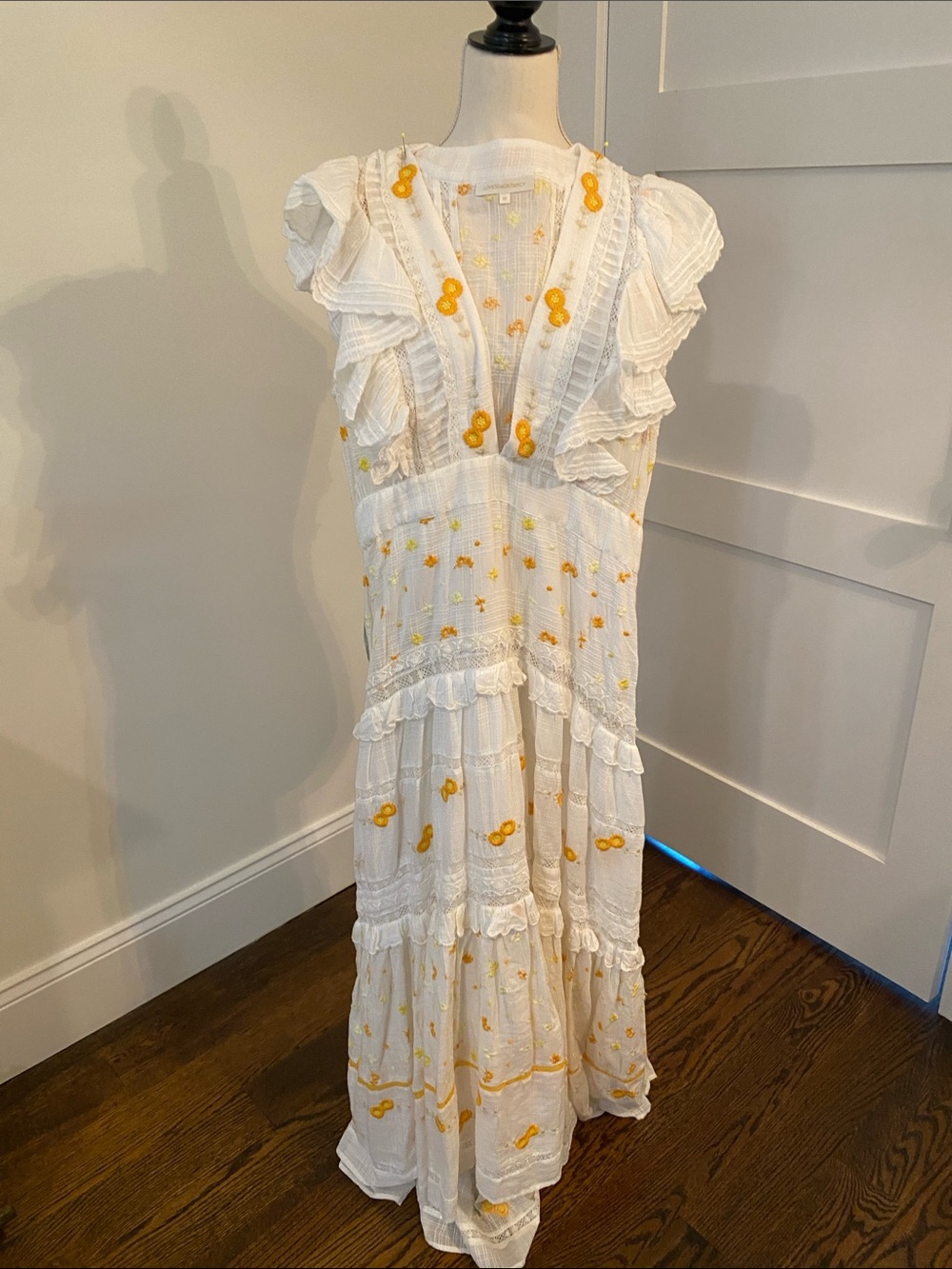 LoveShackFancy White Maxi Dress with Yellow Floral Embroidery